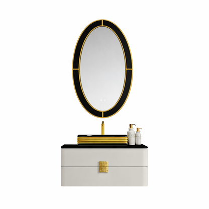 Lumina LED Oval Bathroom Mirror – 28" x 43" | Gold Black & Apricot Pear