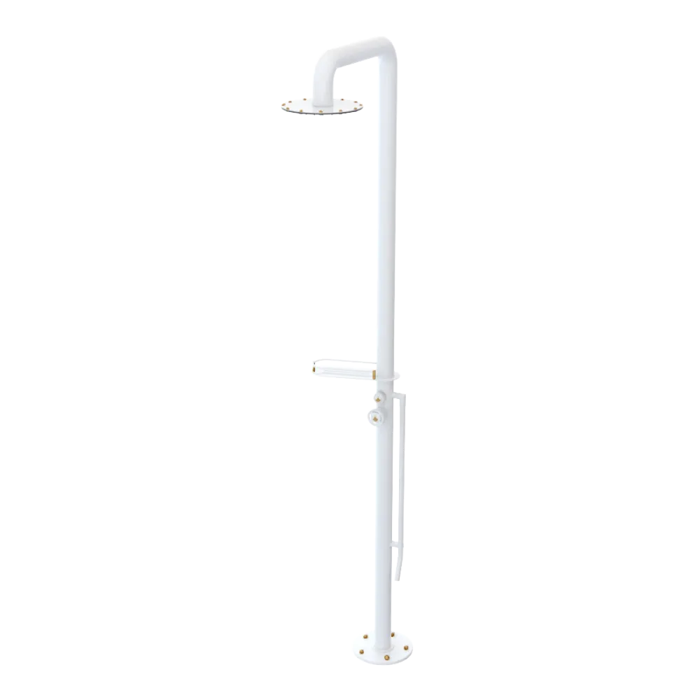 Rubinet Pressure Balance Outdoor Shower with Foot Rinse & 10" Shower Head (with shelf) - 304 Stainless Steel White