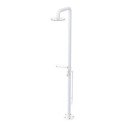 Rubinet Pressure Balance Outdoor Shower with Foot Rinse & 10" Shower Head (with shelf) - 304 Stainless Steel White