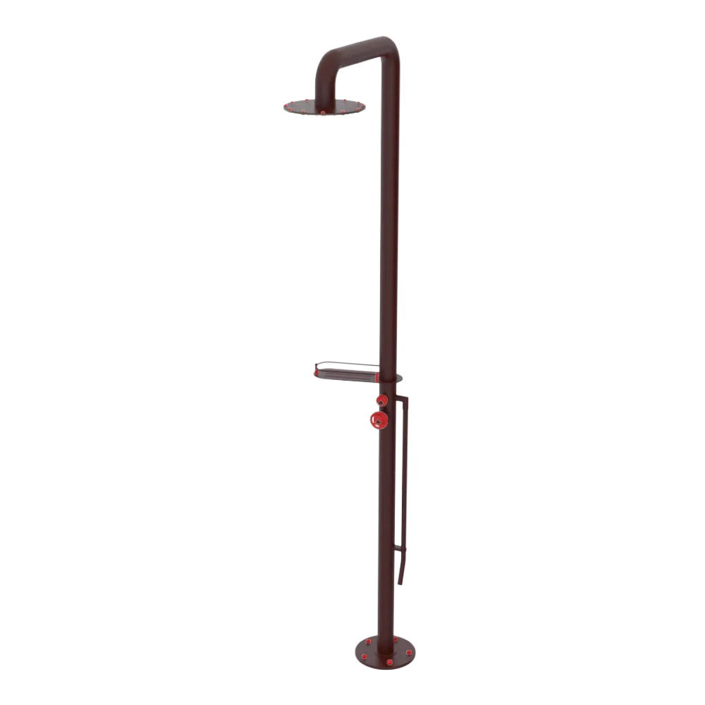 Rubinet Pressure Balance Outdoor Shower with Foot Rinse & 10" Shower Head (with shelf) - 304 Stainless Steel Bordeaux