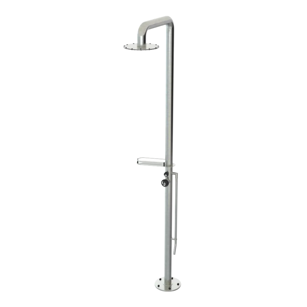 Rubinet Pressure Balance Outdoor Shower with Foot Rinse & 10" Shower Head (with shelf) - 304 Stainless Steel Satin Nickel