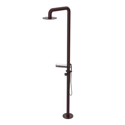 Rubinet Pressure Balance Outdoor Shower with Hand Held Shower & 10" Shower Head (with shelf) - 304 Stainless Steel Bordeaux