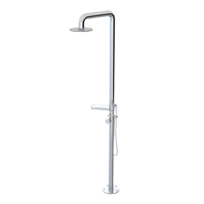 Rubinet Pressure Balance Outdoor Shower with Hand Held Shower & 10" Shower Head (with shelf) - 304 Stainless Steel Chrome