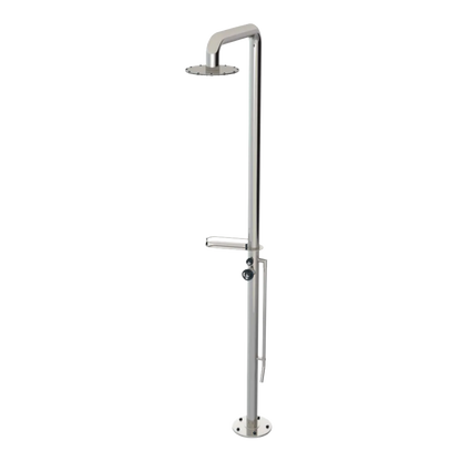 Rubinet Pressure Balance Outdoor Shower with Foot Rinse & 10" Shower Head (with shelf) - 304 Stainless Steel Polished Nickel