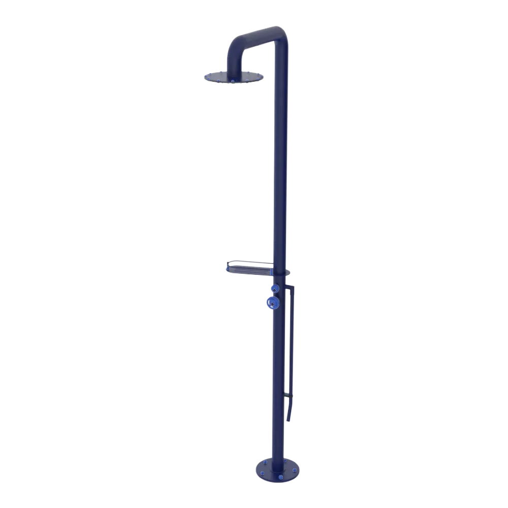 Rubinet Pressure Balance Outdoor Shower with Foot Rinse & 10" Shower Head (with shelf) - 304 Stainless Steel Midnight Blue