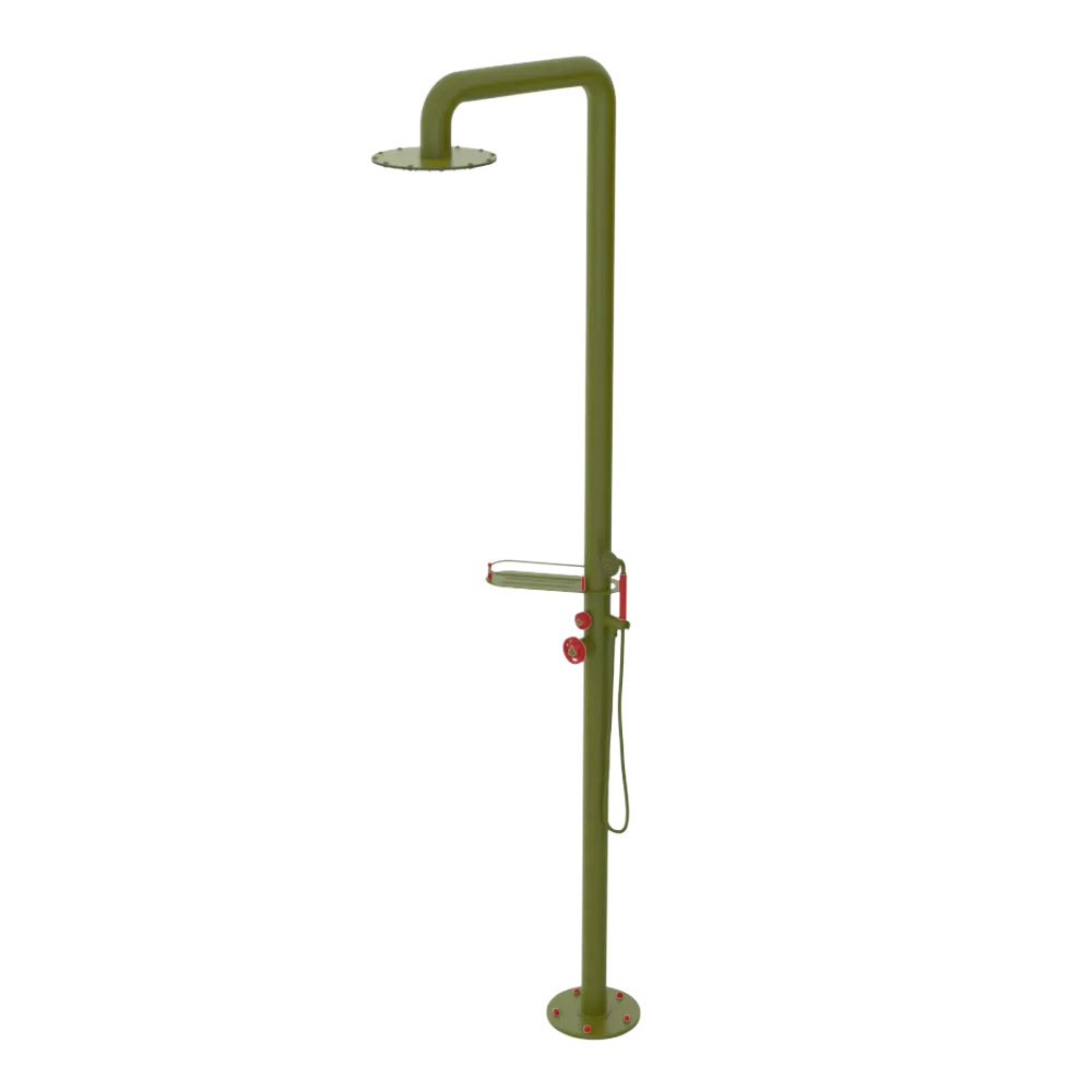 Rubinet Pressure Balance Outdoor Shower with Hand Held Shower & 10" Shower Head (with shelf) - 304 Stainless Steel Green Envy