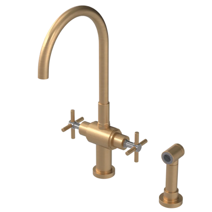Rubinet Two Handle Single Hole Kitchen Set with LaSalle Spout with Hand Spray Satin Gold