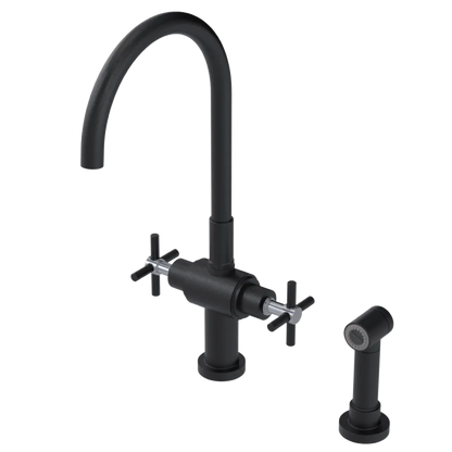 Rubinet Two Handle Single Hole Kitchen Set with LaSalle Spout with Hand Spray Matt Black