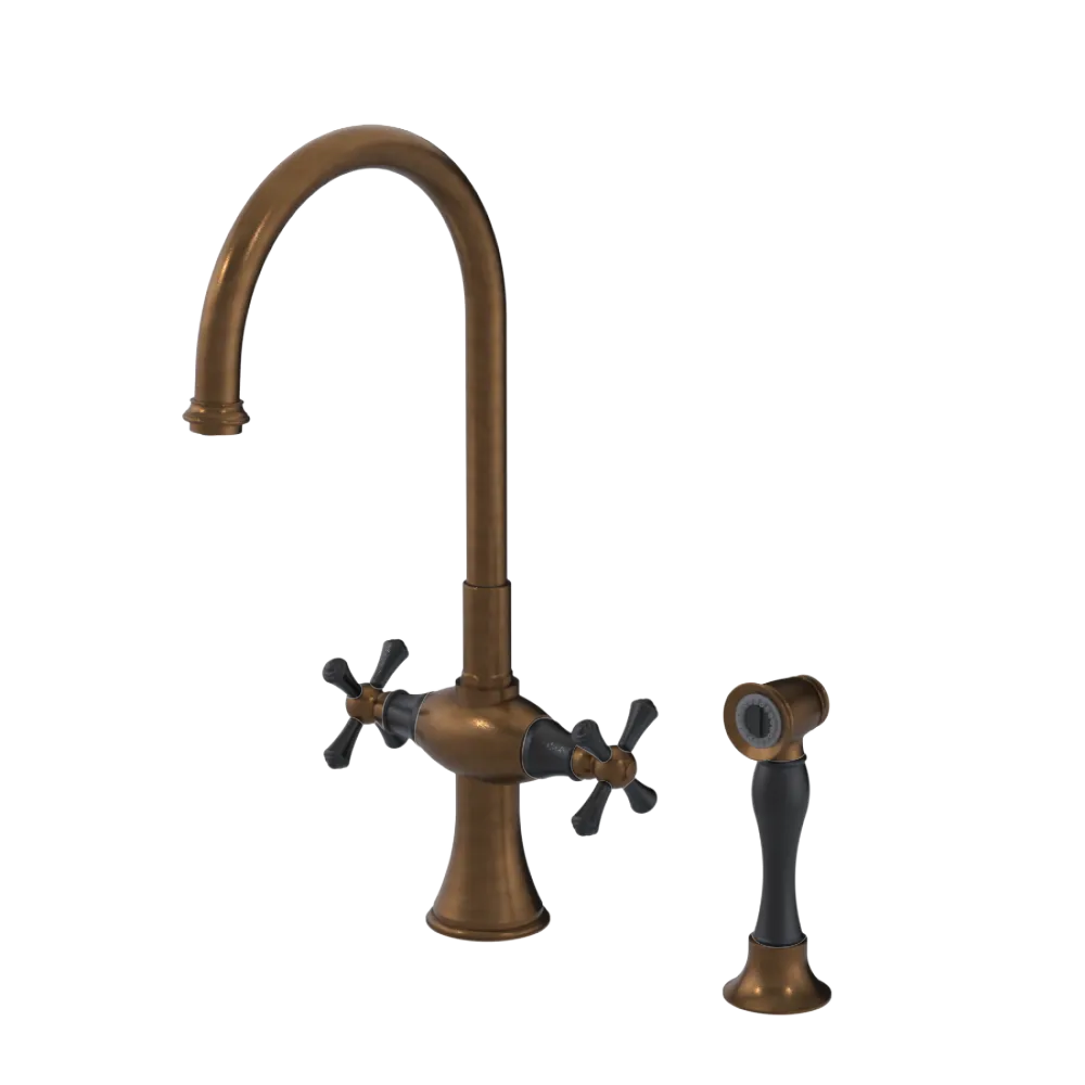 Rubinet Two Handle Single Hole Kitchen Set with Hand Spray Tuscan Brass