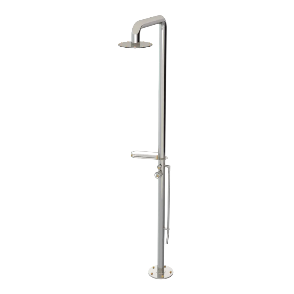 Rubinet Pressure Balance Outdoor Shower with Foot Rinse & 10" Shower Head (with shelf) - 304 Stainless Steel Polished Nickel