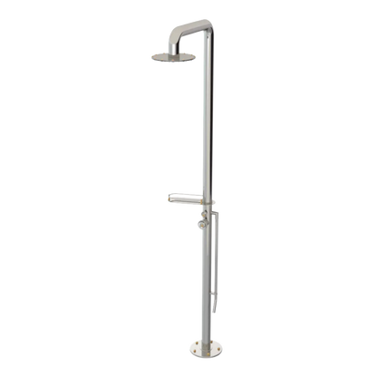 Rubinet Pressure Balance Outdoor Shower with Foot Rinse & 10" Shower Head (with shelf) - 304 Stainless Steel Polished Nickel