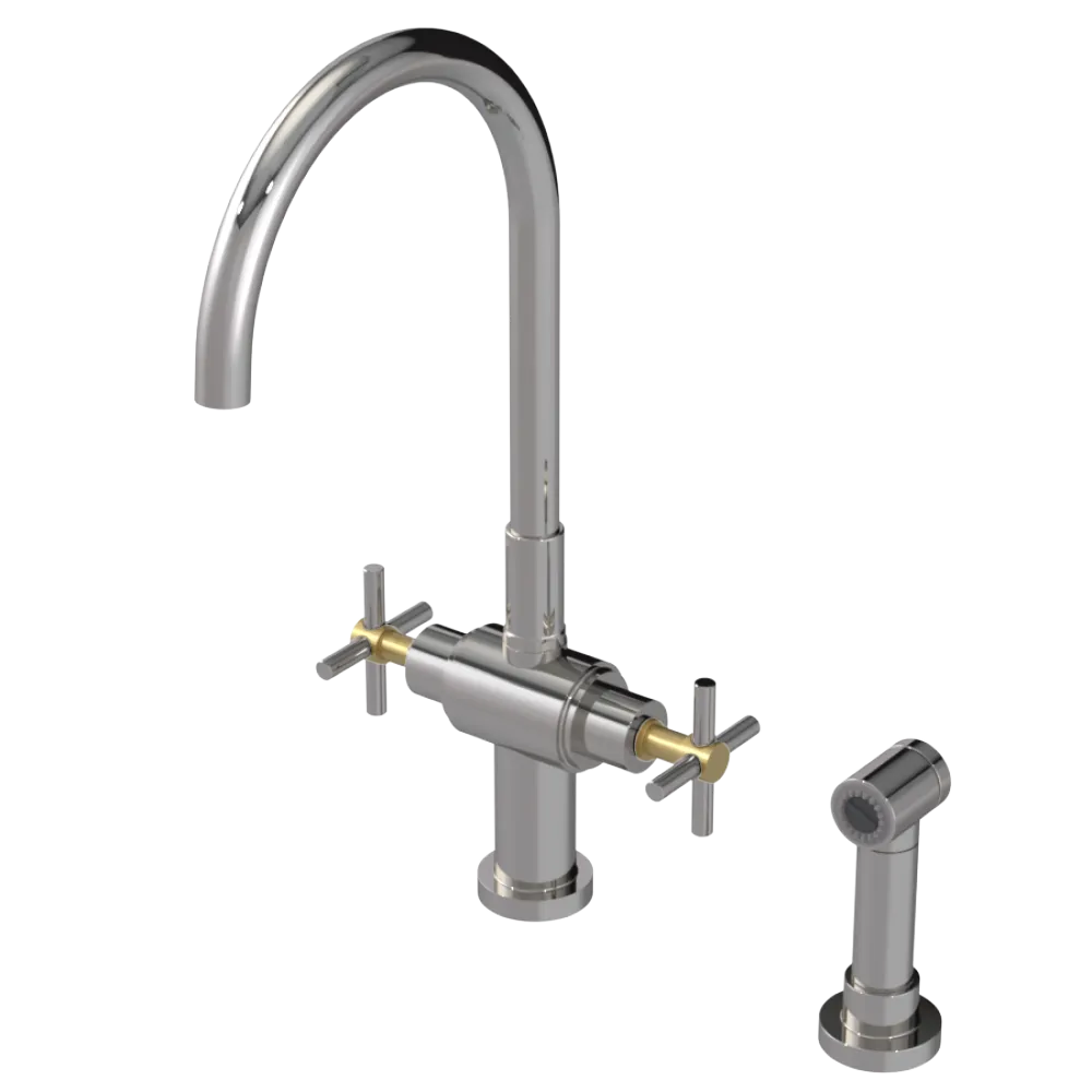Rubinet Two Handle Single Hole Kitchen Set with LaSalle Spout with Hand Spray Polished Nickel