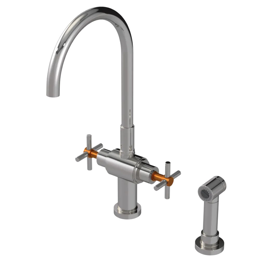 Rubinet Two Handle Single Hole Kitchen Set with LaSalle Spout with Hand Spray Polished Nickel