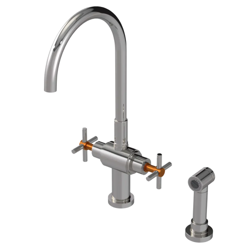 Rubinet Two Handle Single Hole Kitchen Set with LaSalle Spout with Hand Spray Polished Nickel