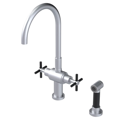 Rubinet Two Handle Single Hole Kitchen Set with LaSalle Spout with Hand Spray Satin Chrome