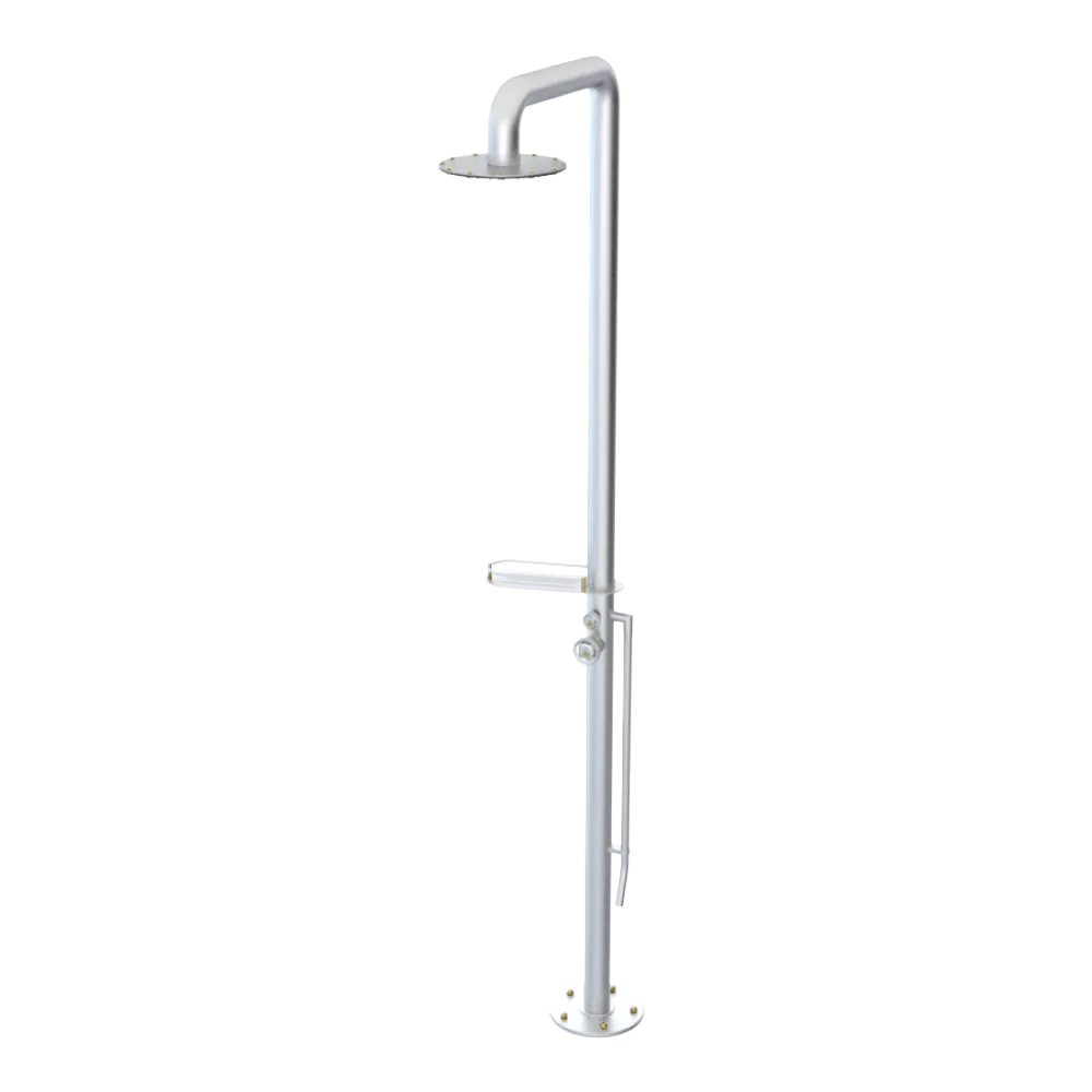 Rubinet Pressure Balance Outdoor Shower with Foot Rinse & 10" Shower Head (with shelf) - 304 Stainless Steel Satin Chrome