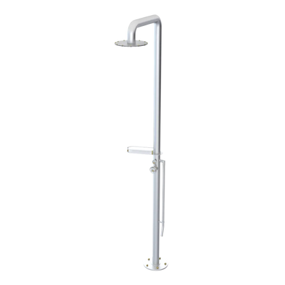Rubinet Pressure Balance Outdoor Shower with Foot Rinse & 10" Shower Head (with shelf) - 304 Stainless Steel Satin Chrome