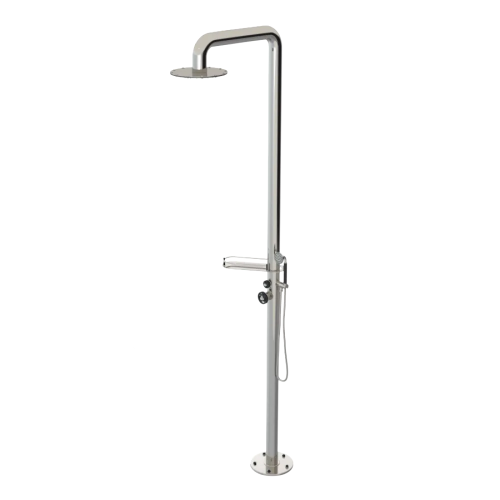 Rubinet Pressure Balance Outdoor Shower with Hand Held Shower & 10" Shower Head (with shelf) - 304 Stainless Steel Polished Nickel