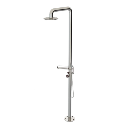Rubinet Pressure Balance Outdoor Shower with Hand Held Shower & 10" Shower Head (with shelf) - 304 Stainless Steel Polished Nickel