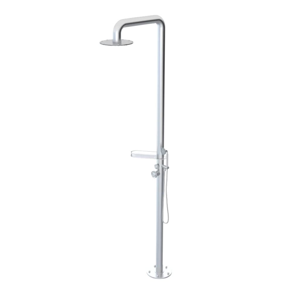Rubinet Pressure Balance Outdoor Shower with Hand Held Shower & 10" Shower Head (with shelf) - 304 Stainless Steel Satin Chrome
