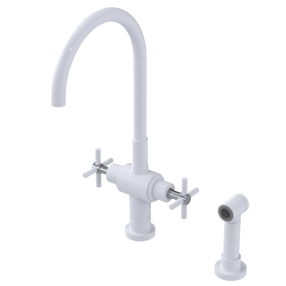 Rubinet Two Handle Single Hole Kitchen Set with LaSalle Spout with Hand Spray White