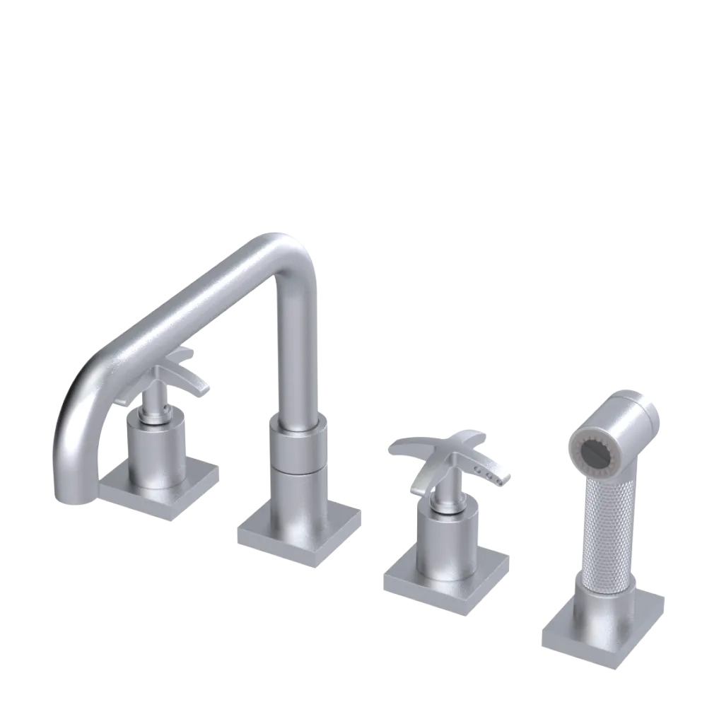 Rubinet Widespread Kitchen Set with Genesis Spout with Hand Spray Satin Chrome