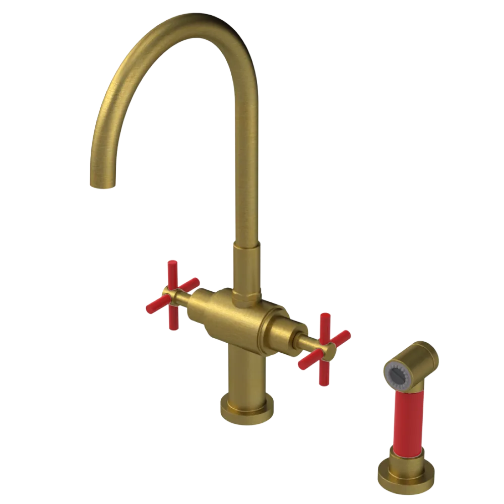 Rubinet Two Handle Single Hole Kitchen Set with LaSalle Spout with Hand Spray Antique Brass Matt