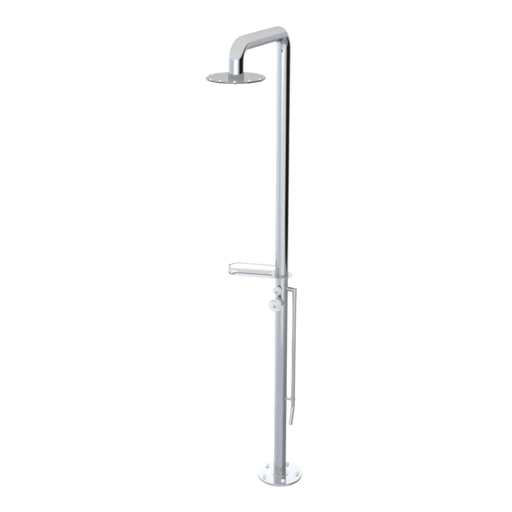 Rubinet Pressure Balance Outdoor Shower with Foot Rinse & 10" Shower Head (with shelf) - 304 Stainless Steel Chrome