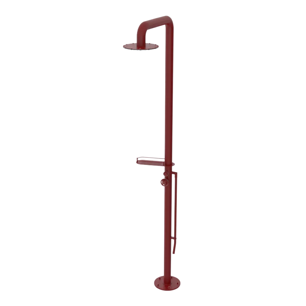 Rubinet Pressure Balance Outdoor Shower with Foot Rinse & 10" Shower Head (with shelf) - 304 Stainless Steel Maroon