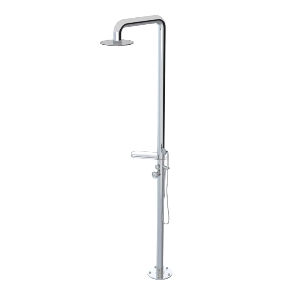 Rubinet Pressure Balance Outdoor Shower with Hand Held Shower & 10" Shower Head (with shelf) - 304 Stainless Steel Chrome