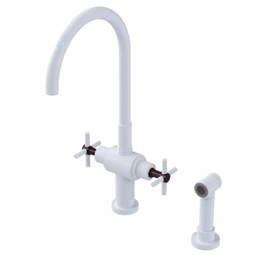 Rubinet Two Handle Single Hole Kitchen Set with LaSalle Spout with Hand Spray White