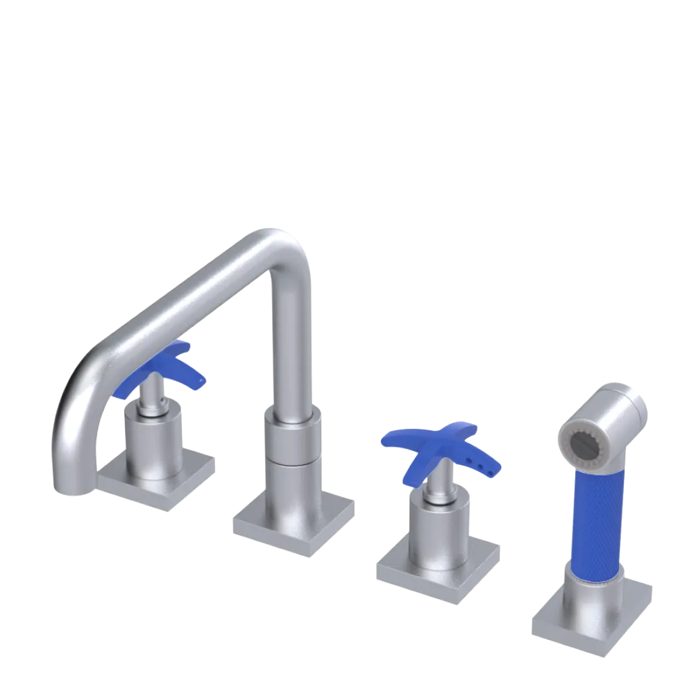 Rubinet Widespread Kitchen Set with Genesis Spout with Hand Spray Satin Chrome