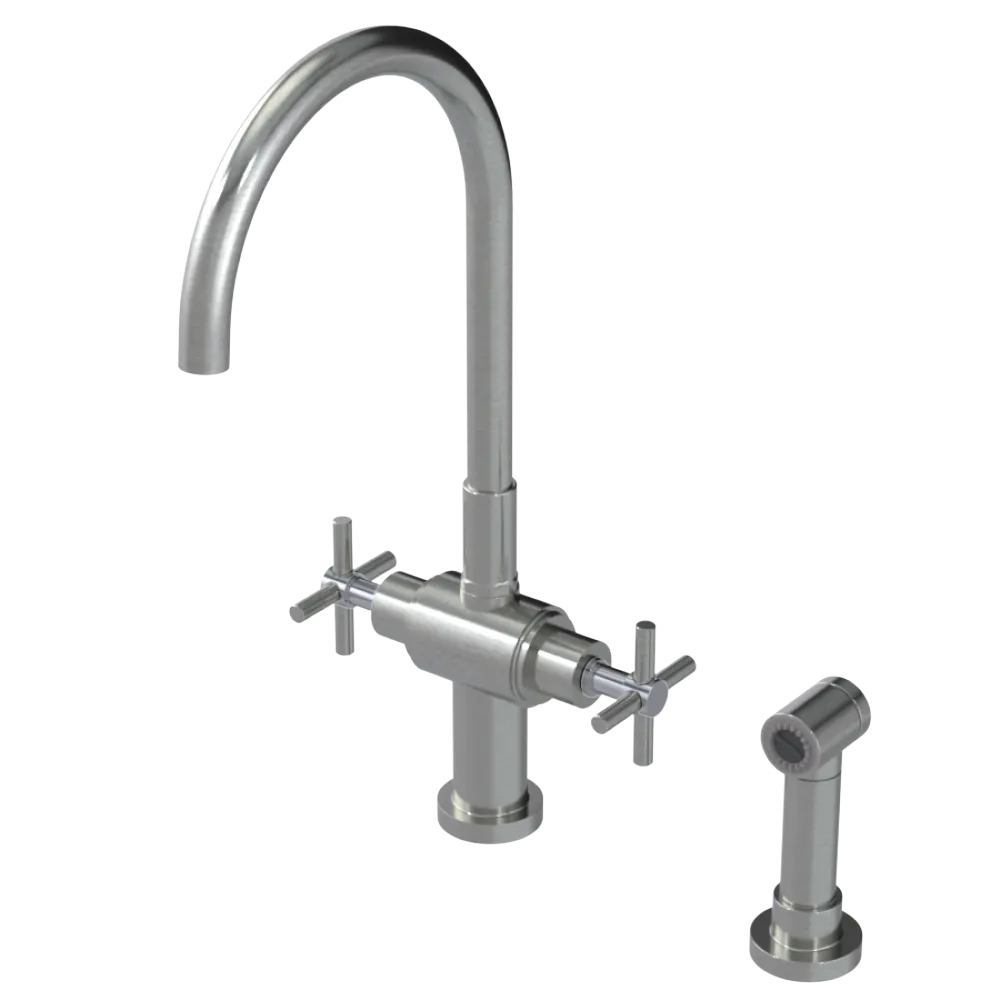 Rubinet Two Handle Single Hole Kitchen Set with LaSalle Spout with Hand Spray Satin Nickel