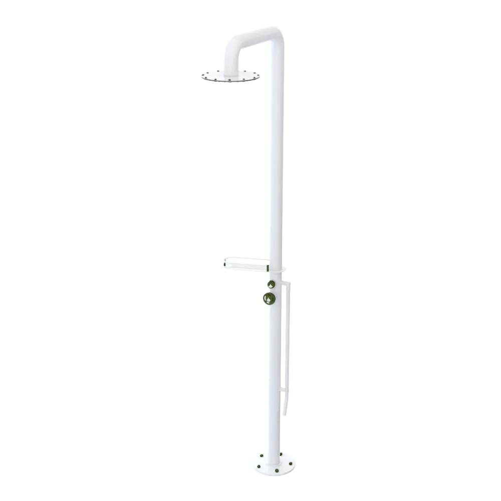 Rubinet Pressure Balance Outdoor Shower with Foot Rinse & 10" Shower Head (with shelf) - 304 Stainless Steel White