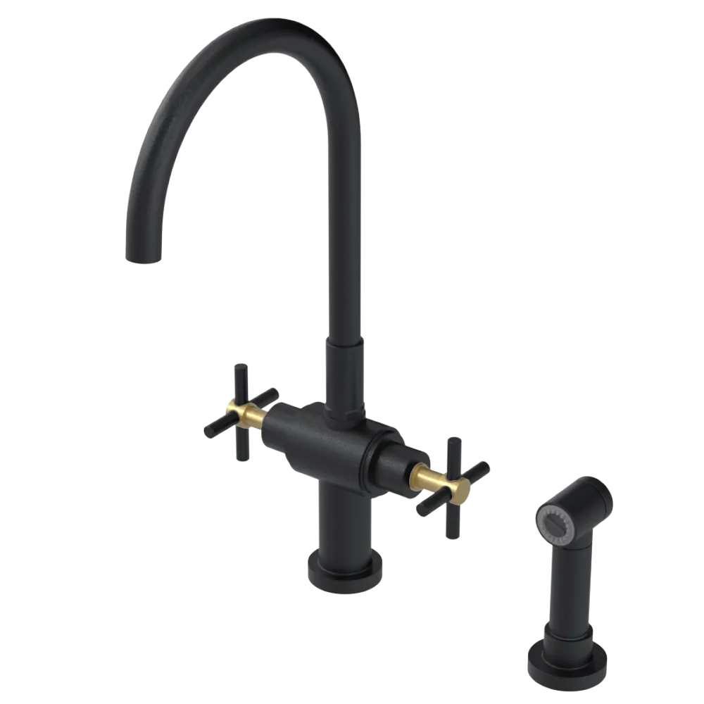 Rubinet Two Handle Single Hole Kitchen Set with LaSalle Spout with Hand Spray Matt Black