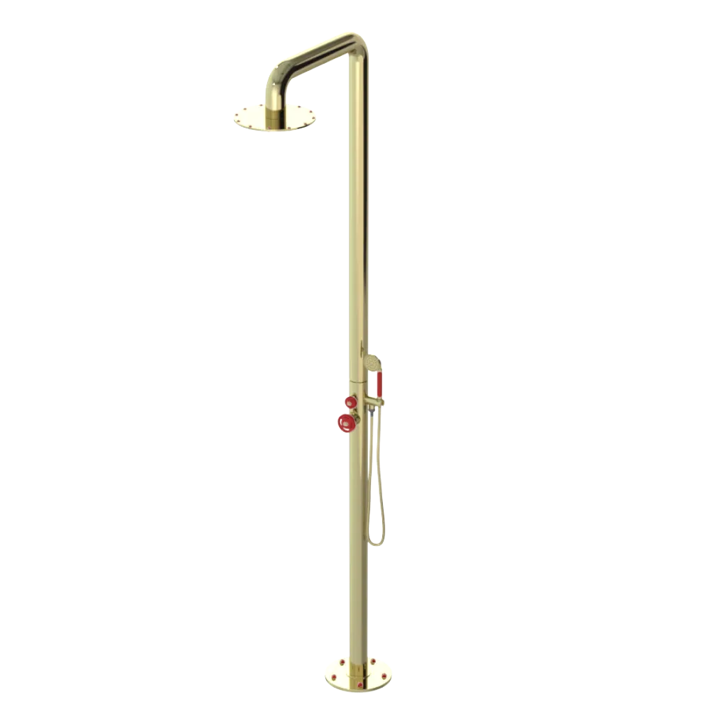Rubinet Pressure Balance Outdoor Shower with Hand Held Shower & 10" Shower Head - 304 Stainless Steel Gold