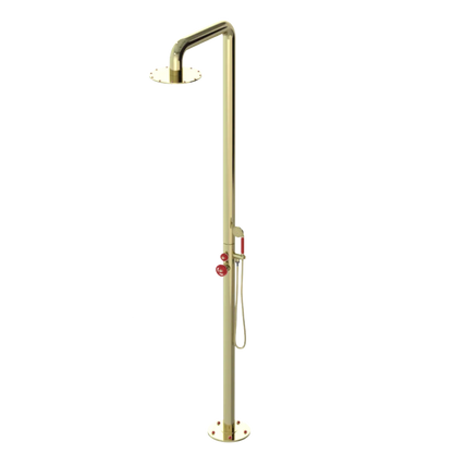 Rubinet Pressure Balance Outdoor Shower with Hand Held Shower & 10" Shower Head - 304 Stainless Steel Gold