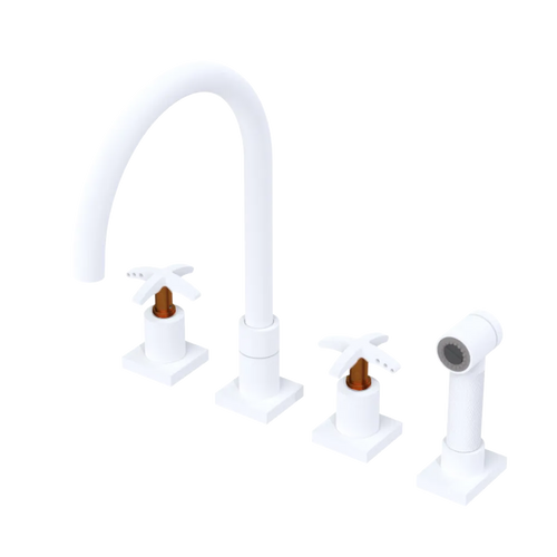 Rubinet Widespread Kitchen Set with Hand Spray Matt White