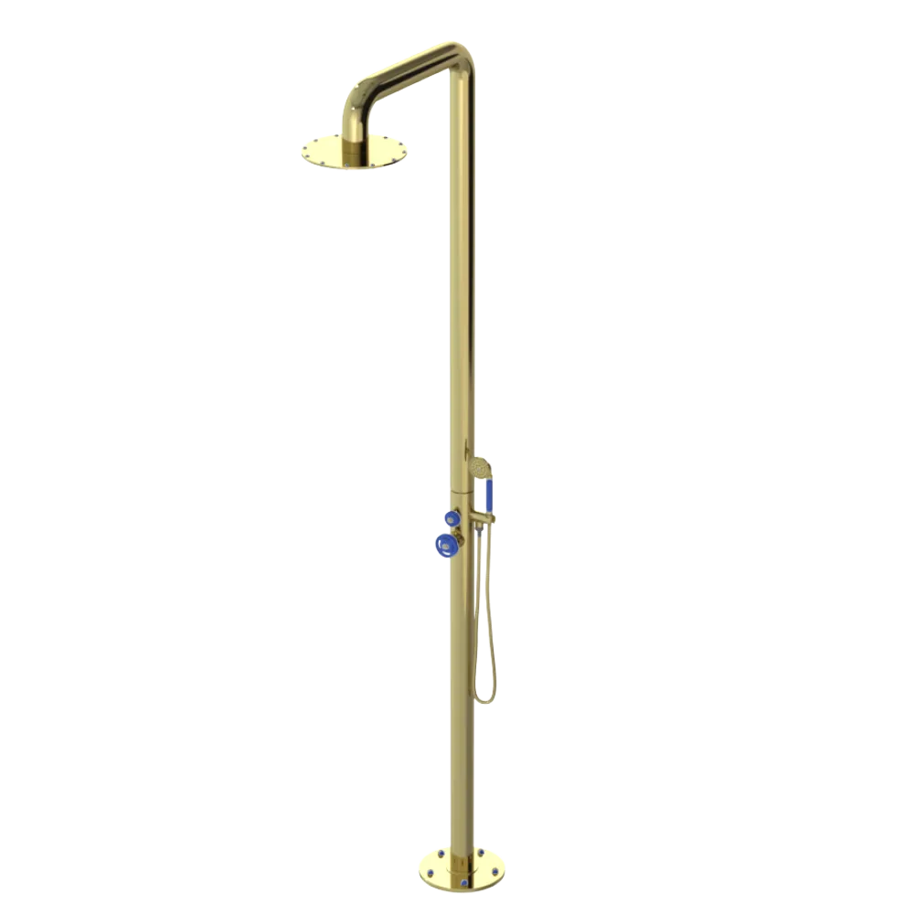 Rubinet Pressure Balance Outdoor Shower with Hand Held Shower & 10" Shower Head - 304 Stainless Steel Bright Brass