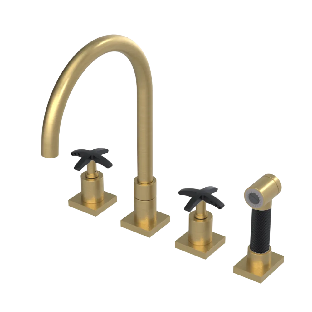 Rubinet Widespread Kitchen Set with Hand Spray Satin Brass
