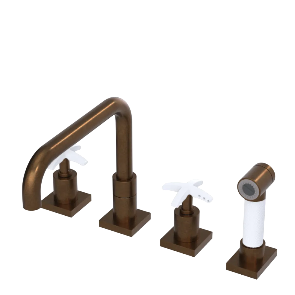 Rubinet Widespread Kitchen Set with Genesis Spout with Hand Spray Tuscan Brass