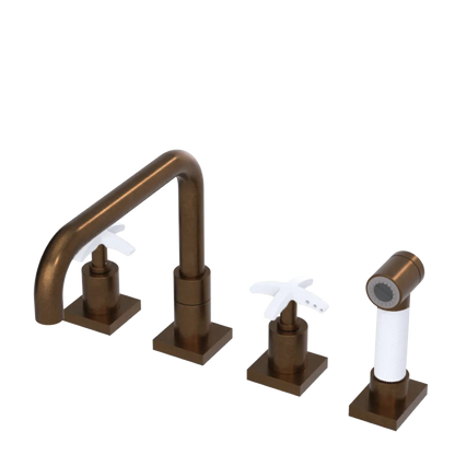 Rubinet Widespread Kitchen Set with Genesis Spout with Hand Spray Tuscan Brass