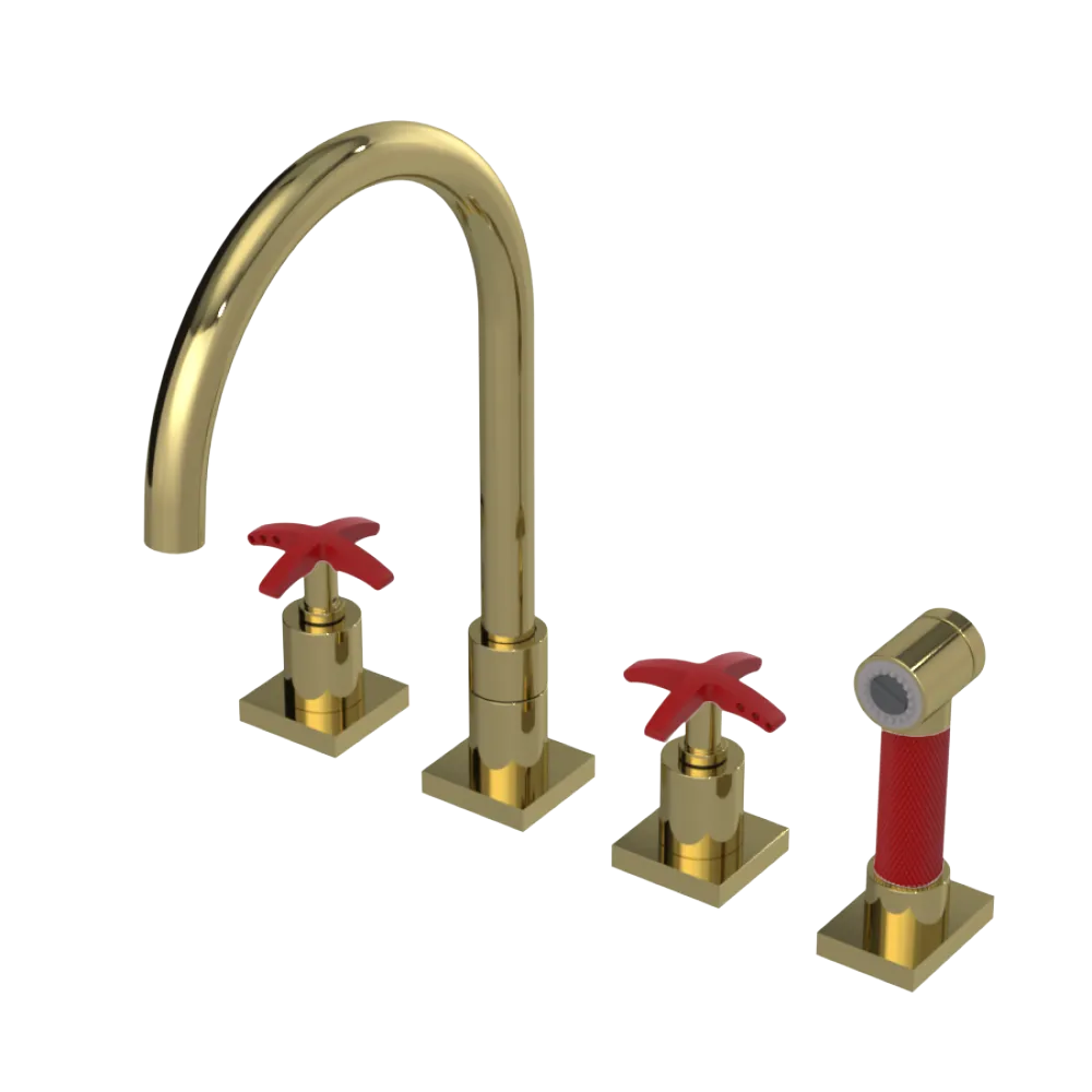 Rubinet Widespread Kitchen Set with Hand Spray Natural Brass