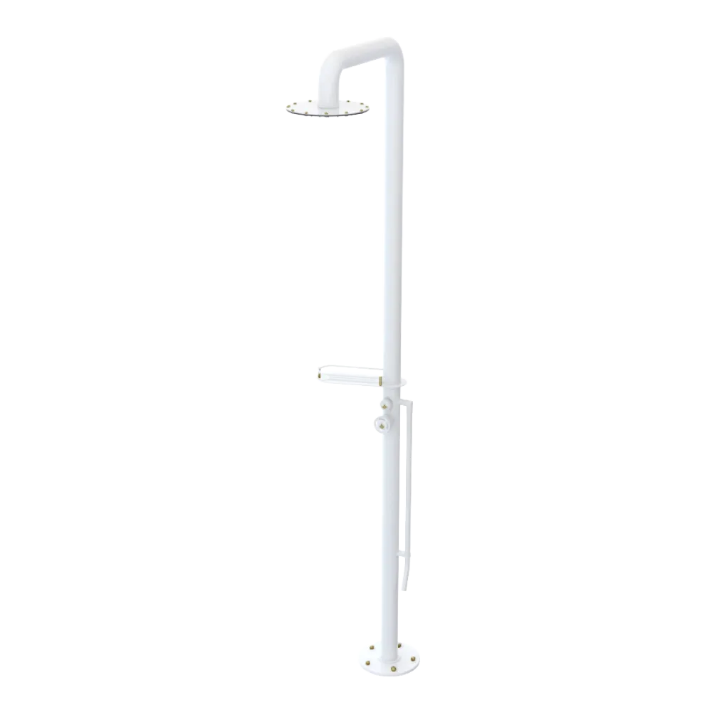 Rubinet Pressure Balance Outdoor Shower with Foot Rinse & 10" Shower Head (with shelf) - 304 Stainless Steel White