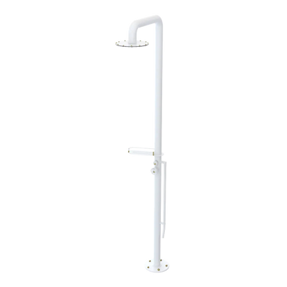 Rubinet Pressure Balance Outdoor Shower with Foot Rinse & 10" Shower Head (with shelf) - 304 Stainless Steel White