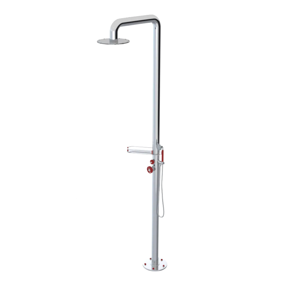 Rubinet Pressure Balance Outdoor Shower with Hand Held Shower & 10" Shower Head (with shelf) - 304 Stainless Steel Chrome