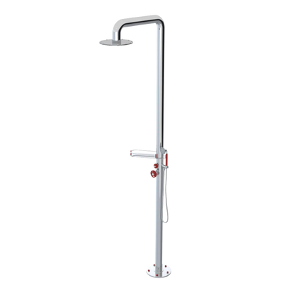 Rubinet Pressure Balance Outdoor Shower with Hand Held Shower & 10" Shower Head (with shelf) - 304 Stainless Steel Chrome