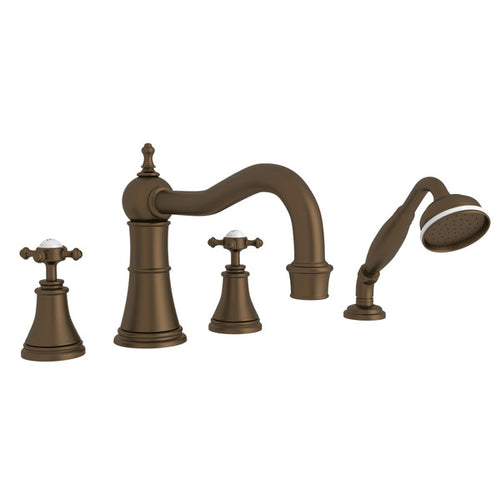 Perrin & Rowe Georgian Era 4-Hole Deck Mount Column Spout Tub Filler with Handshower With Cross Handle