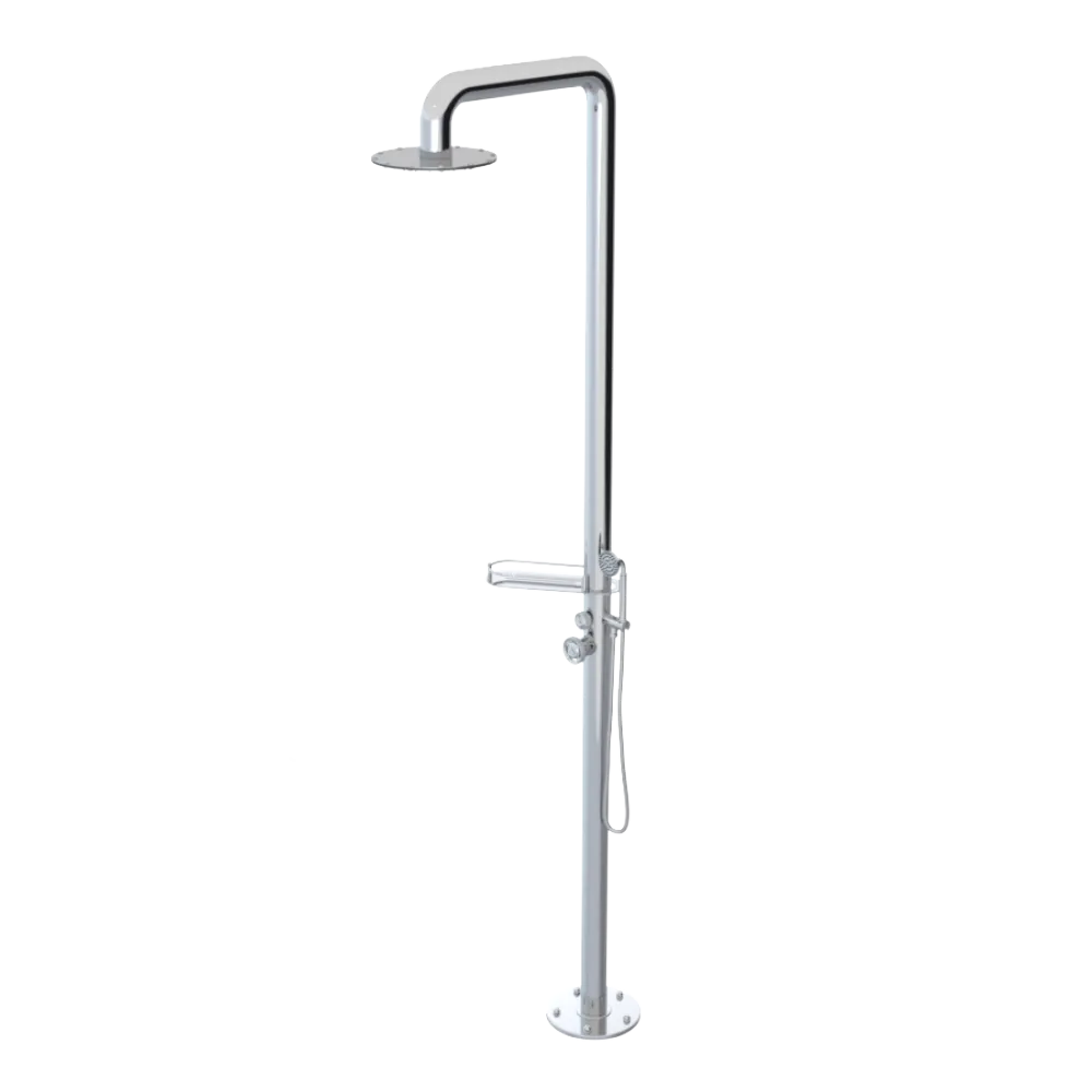 Rubinet Pressure Balance Outdoor Shower with Hand Held Shower & 10" Shower Head (with shelf) - 304 Stainless Steel Chrome
