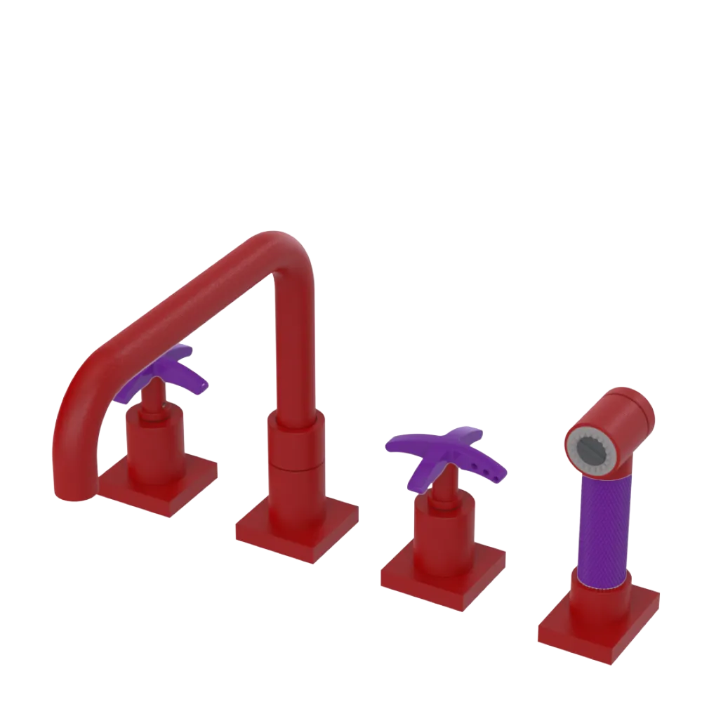 Rubinet Widespread Kitchen Set with Genesis Spout with Hand Spray Maroon